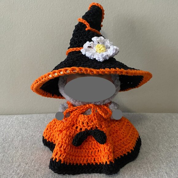 Handmade Crochet Halloween Orange Black Witch Outfit for 17cm Doll 2-Piece Set - Picture 1 of 9